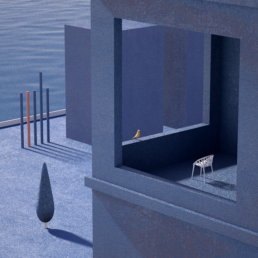 Blue illustration of a house in front of the sea