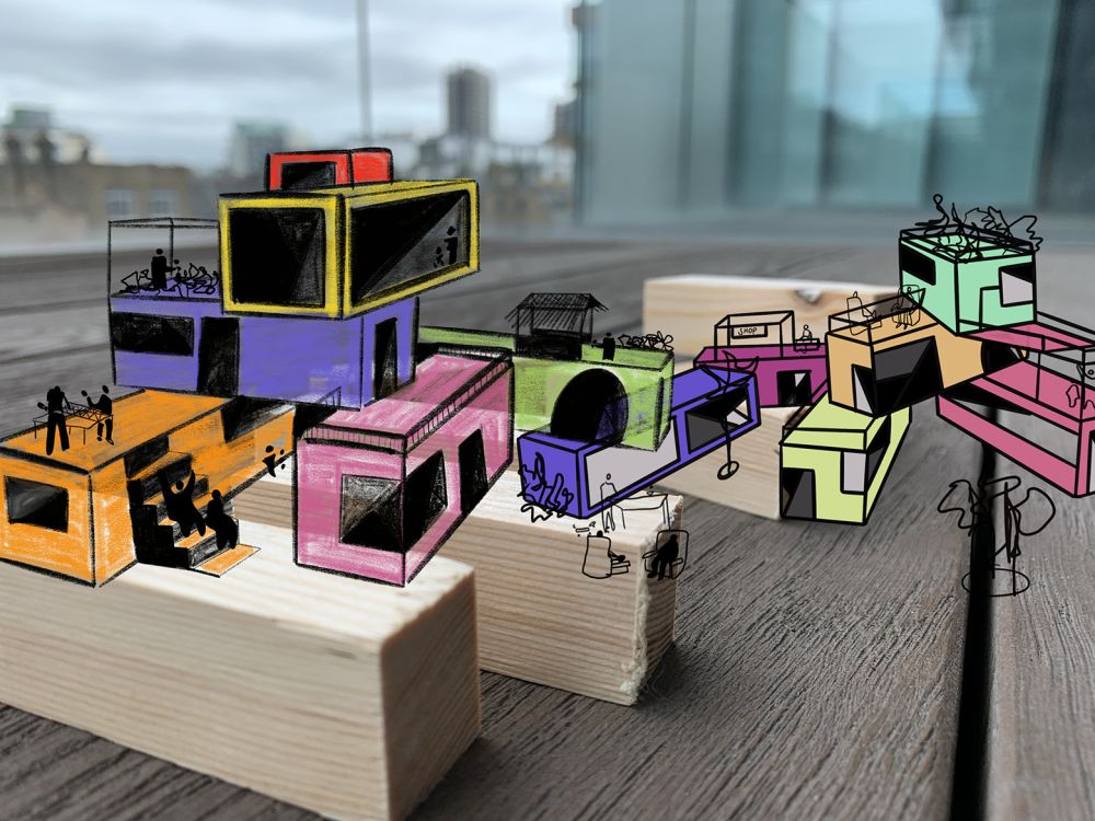 Illustration of coloured structures in urban setting