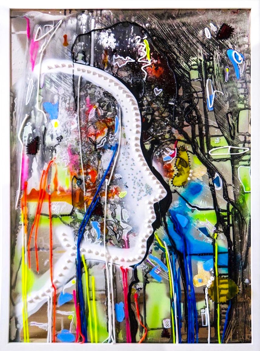 Daniela's artwork called Purple Rain. A multicoloured background with a white, raised outline of a human profile