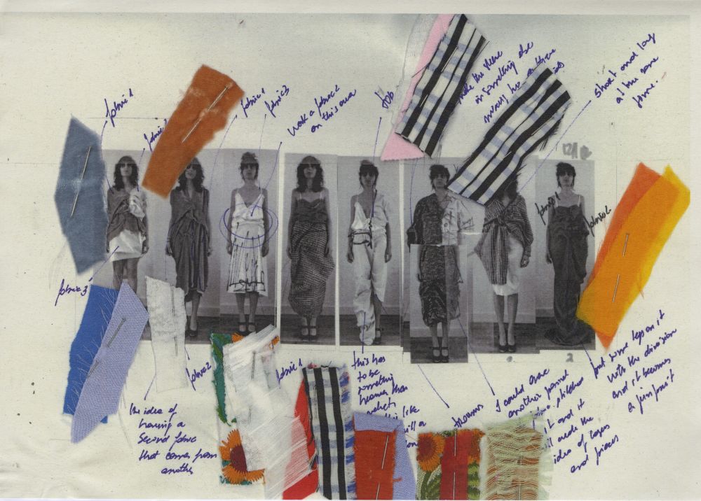 annotated line up of eight garment designs, photos in black and white
