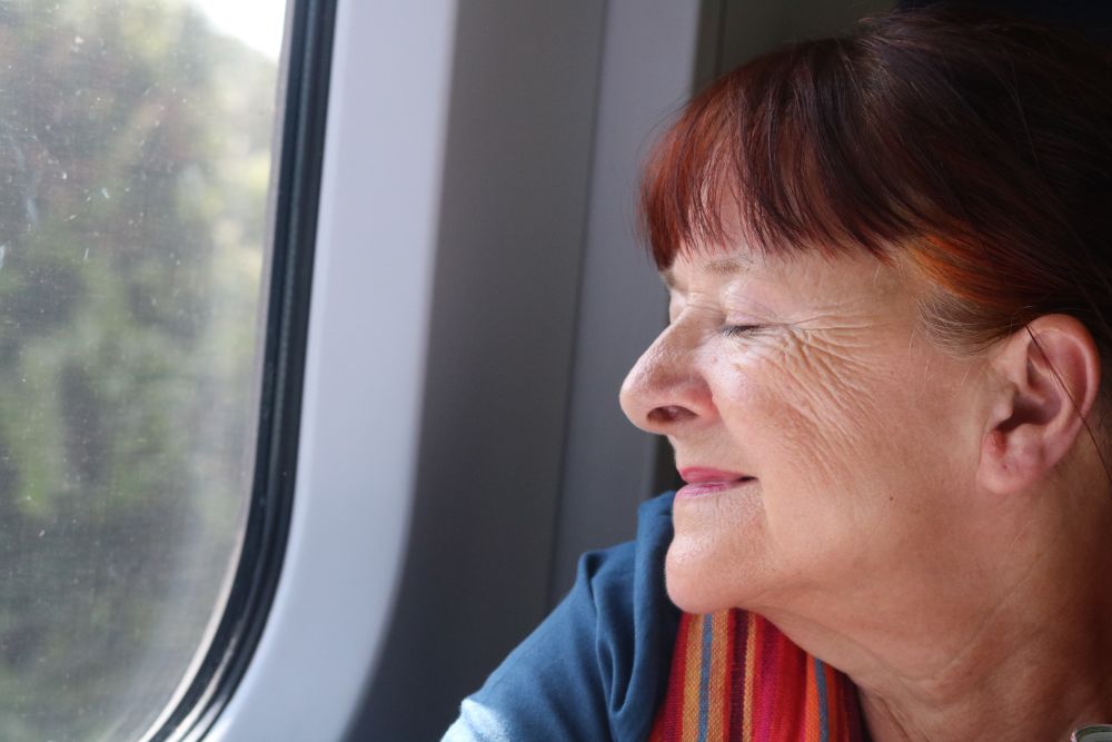 Lady gazing out the window of a train