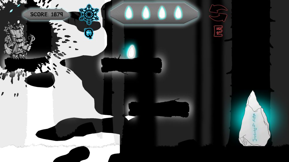 screenshot of game with spooky character attempting to jump through different levels to catch gems.