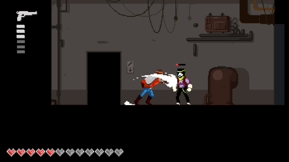 screenshot of game showing fight between two characters in a basement setting