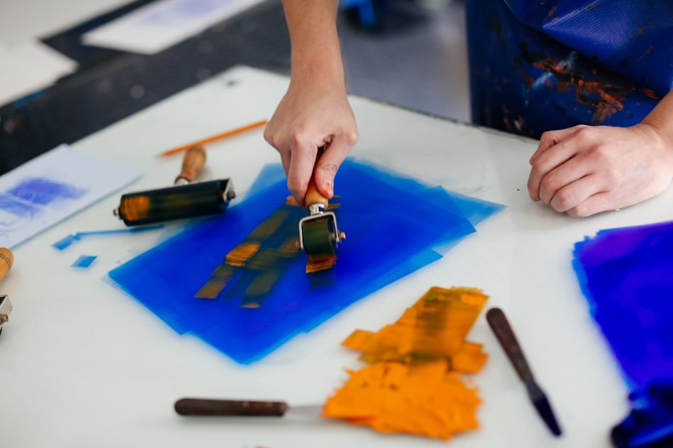 Printmaking with blue ink