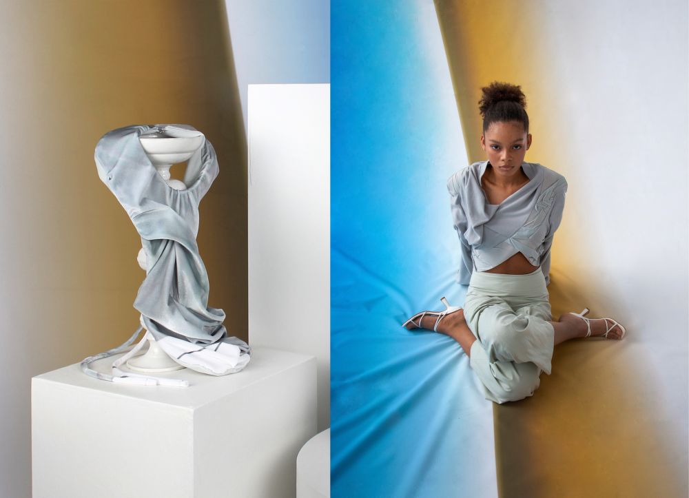 Clothing displayed on model and object.
