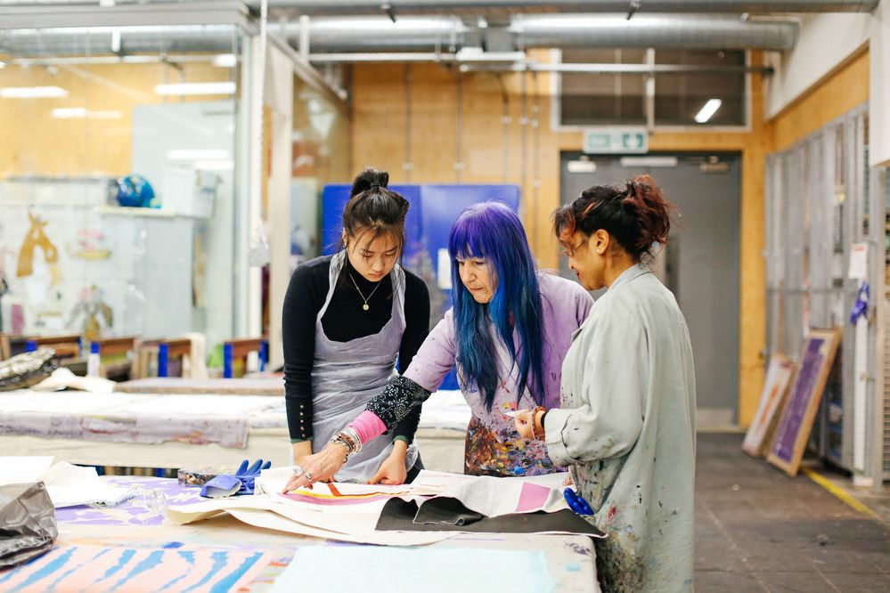 Mei Zhang (Study Abroad Student), Natalie Gibson (Tutor) and Rita Kumari (Specialist Print and Dye Technician and Associate Lecturer) in the Print and Dye Workshop