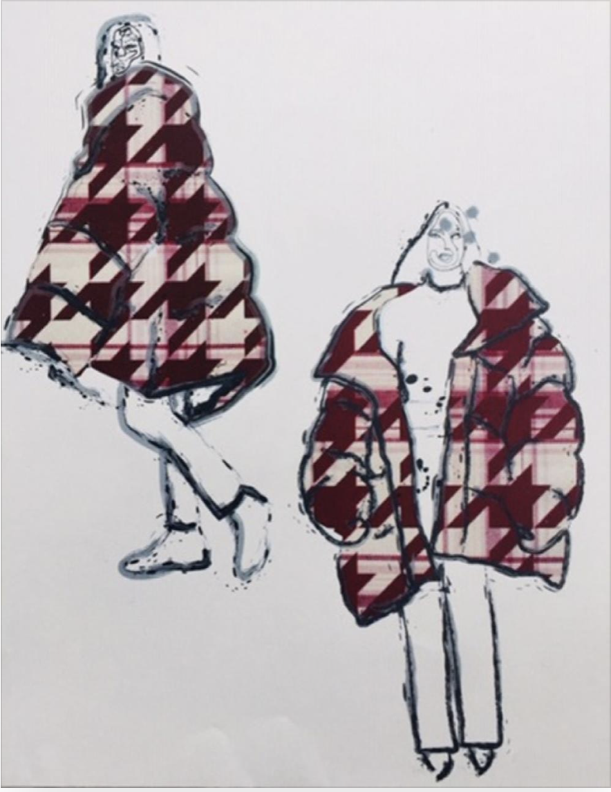 Drawings of models wearing red and white patterened coat