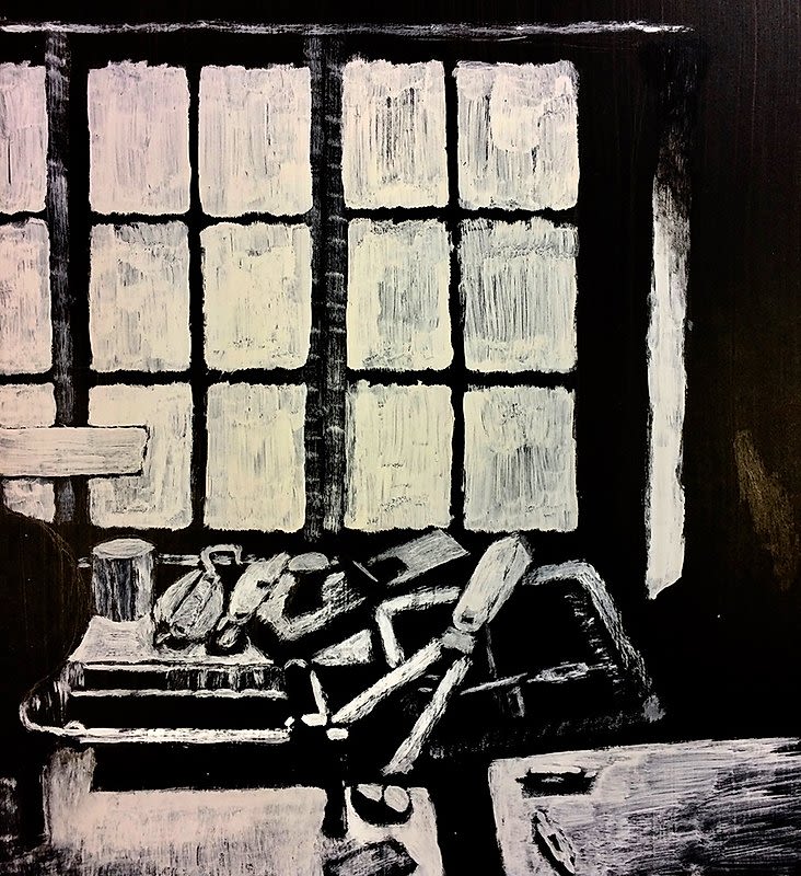 Black and white painting of a window and garden tools