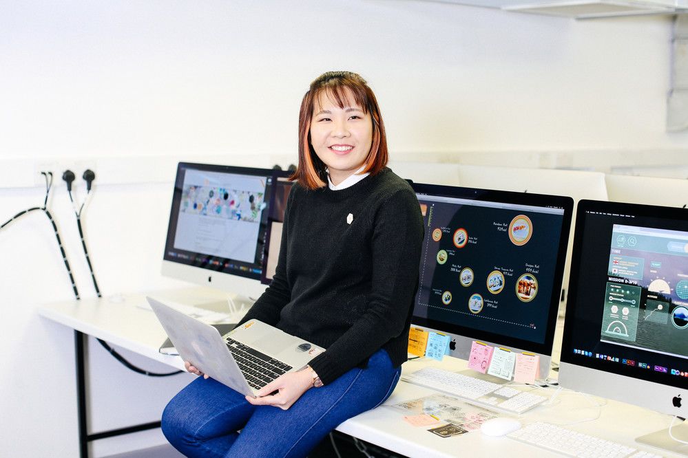 UAL student Michele Chong in a computer room and London College of Communication