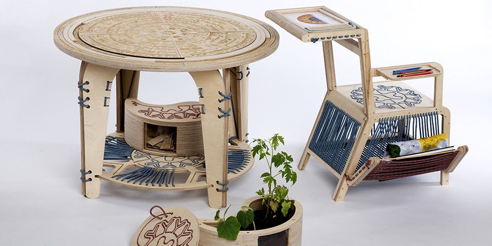 An intricately designed table and chair