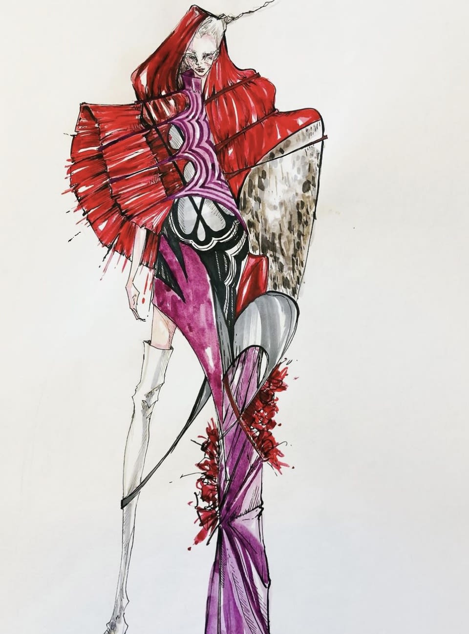 An illustration of a dramatic hooded garment in red and pink