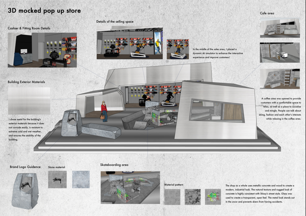 Presentation of a mock pop-up store which includes a structure of stone and metal with a skateboarding aesthetic