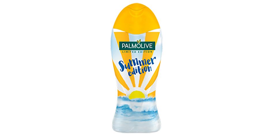 A bottle of palmolive shampoo, the bottle has waves upon it 