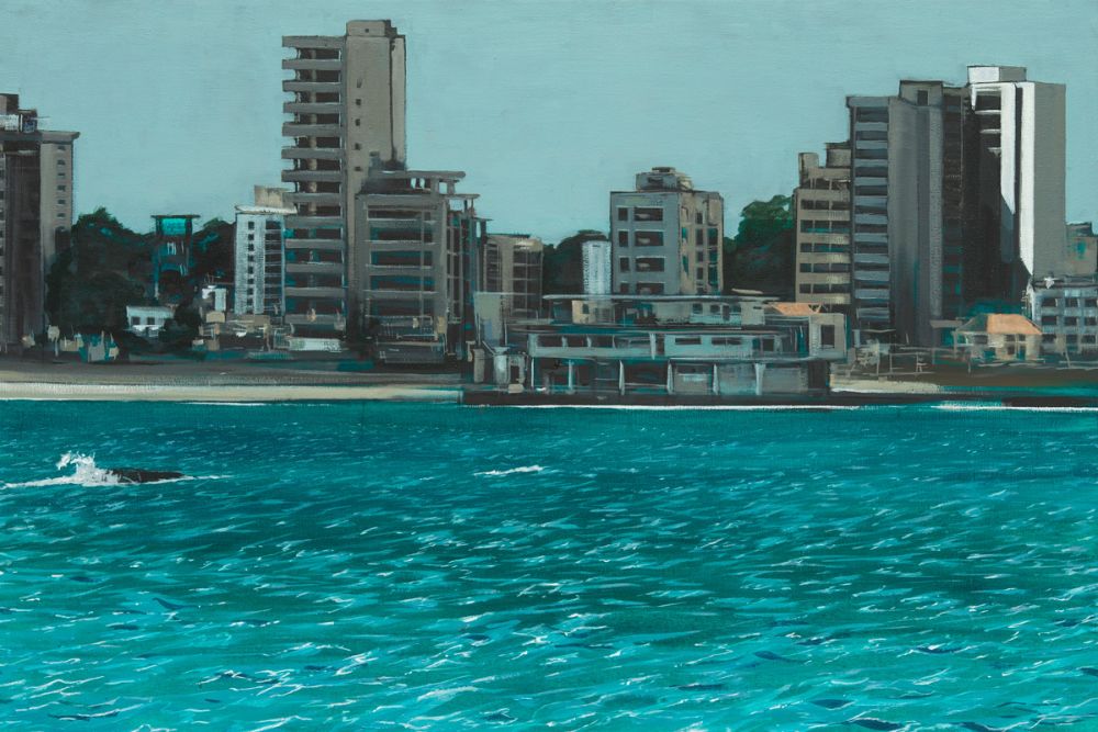 evan's painting of seaside town.