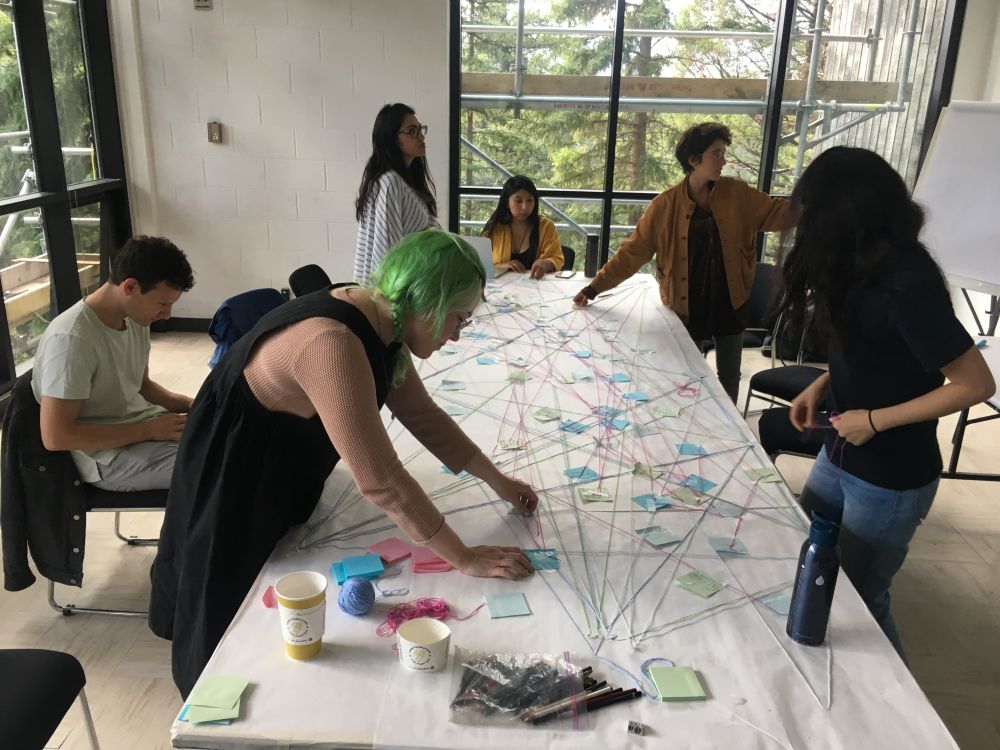 A group of people string-mapping on a table