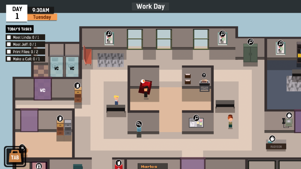 screenshot of game showing birds eye view of an office with the date and time in the left corner.