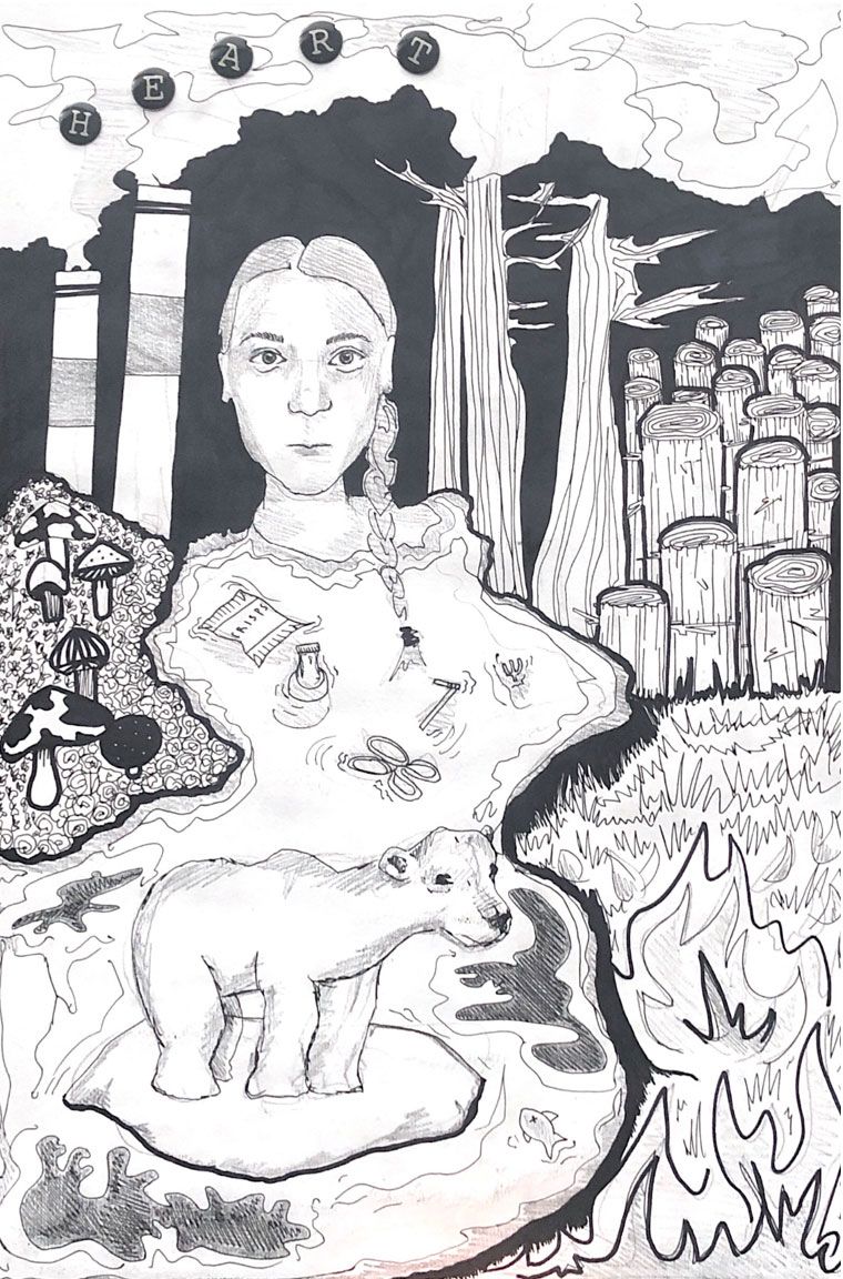 A screenshot of Sophia's sketches depicting a polar bear and Greta Thunberg.