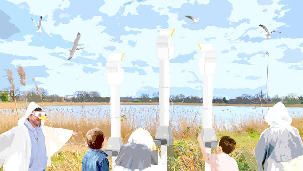 Illustration of person dressed as bird with people using periscopes in wetlands