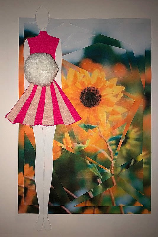 Collage of sunflowers and drawing of model wearing a pink dress