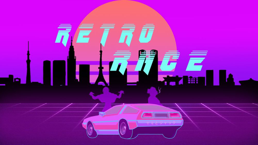 A pink and purple promotional image for Retro Racer which depicts a silhouette of a car against a skyline.