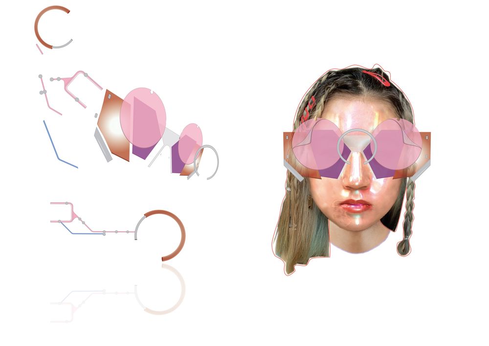 illustration of multilayered eyewear accessories, deconstructed on the left, combined on a sketch of a model on the right