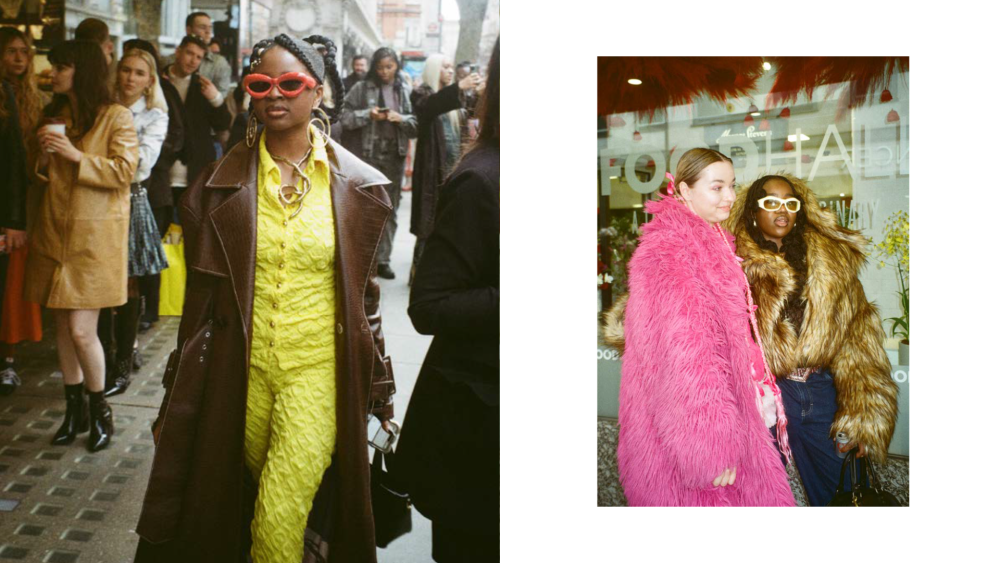 A collage of two images. In one a model in a yellow outfit walks down a street in London. In the other, a model in a pink fur coat and one in a brown fur coat stand side by side. 