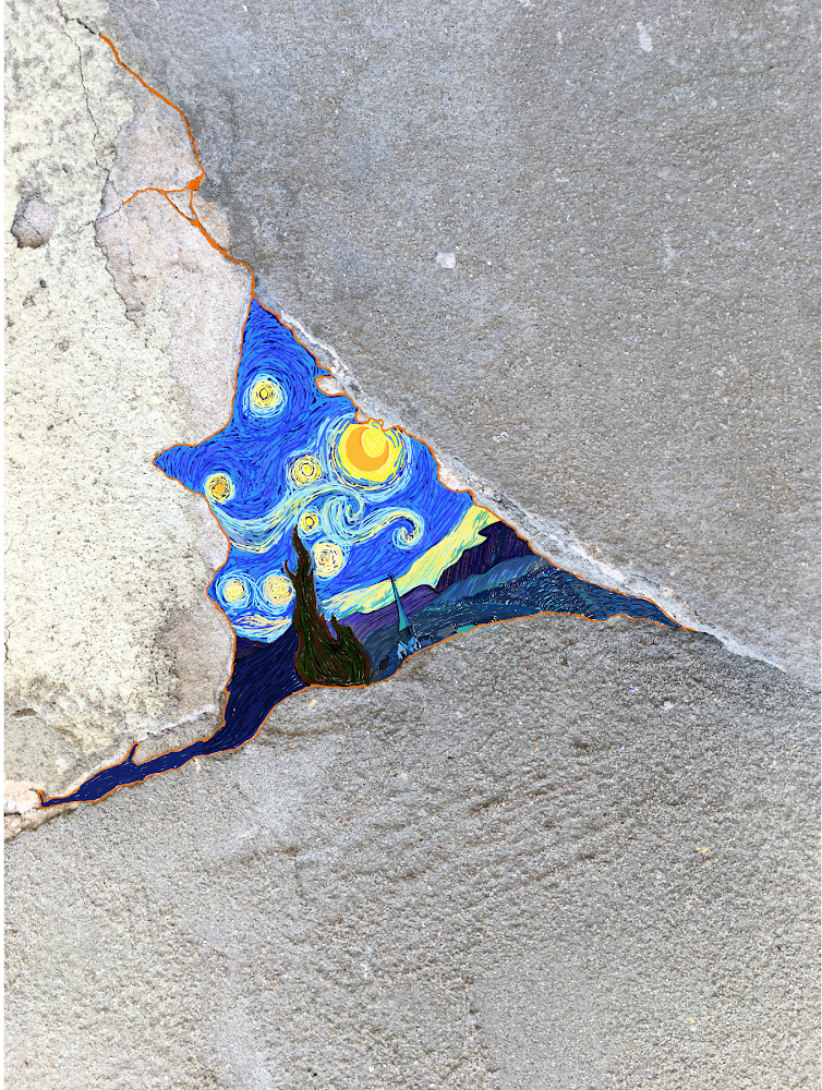 Close-up of a crack in a concrete wall which has details of van Gogh's A Starry Night painted onto it