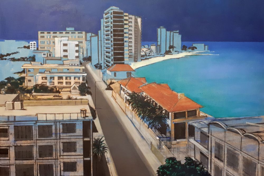 Evan's painting of seaside town.