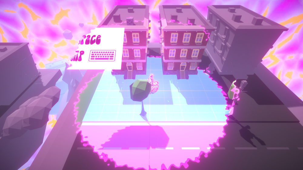 screenshot of game with 3 house with characters mood impacting on the colours they see.