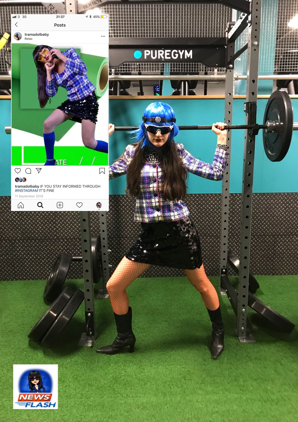 image of wom,an in blue wig at the gym
