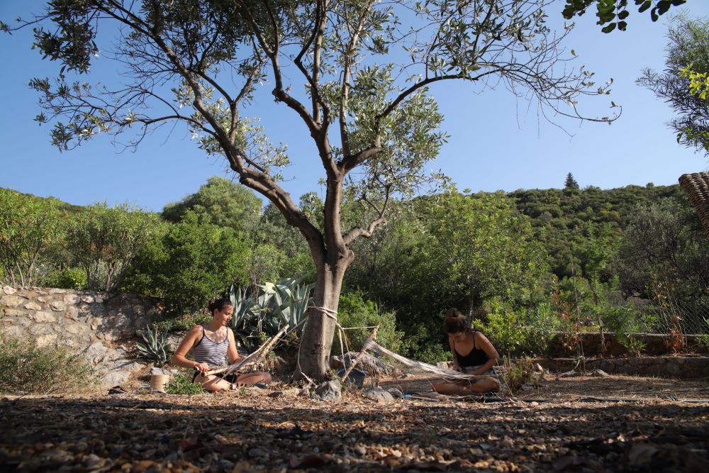 woven fabric placed round a tree outdoor