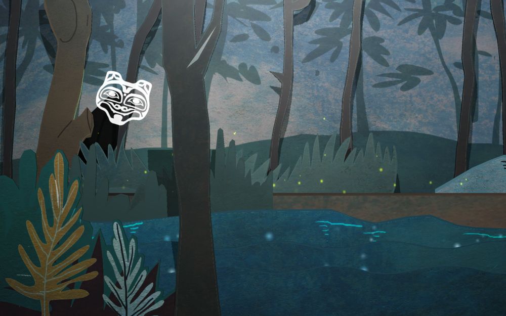 Animation showing a lakeside landscape in dark, muted colours. Above the lake hovers a white mask-like face.