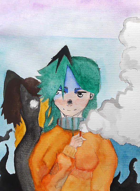 Painting of person in orange jumper with green hair
