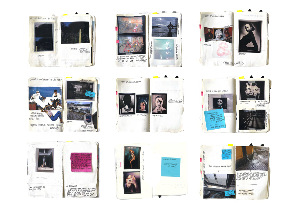 Grid of 9 journal pages laid flat, each which contain a collage of images