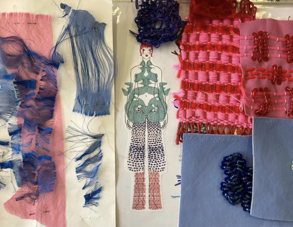 A collage of fabrics and woven samples in pink and blue are laid out around an illustration of a woven garment