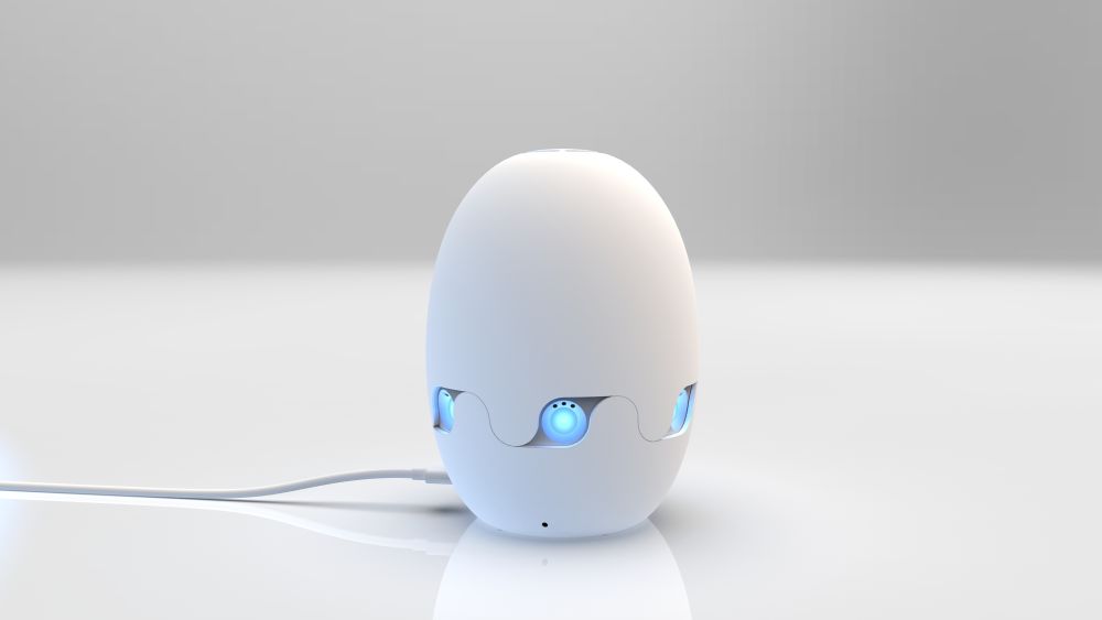 A white pod with bright blue lights around the middle