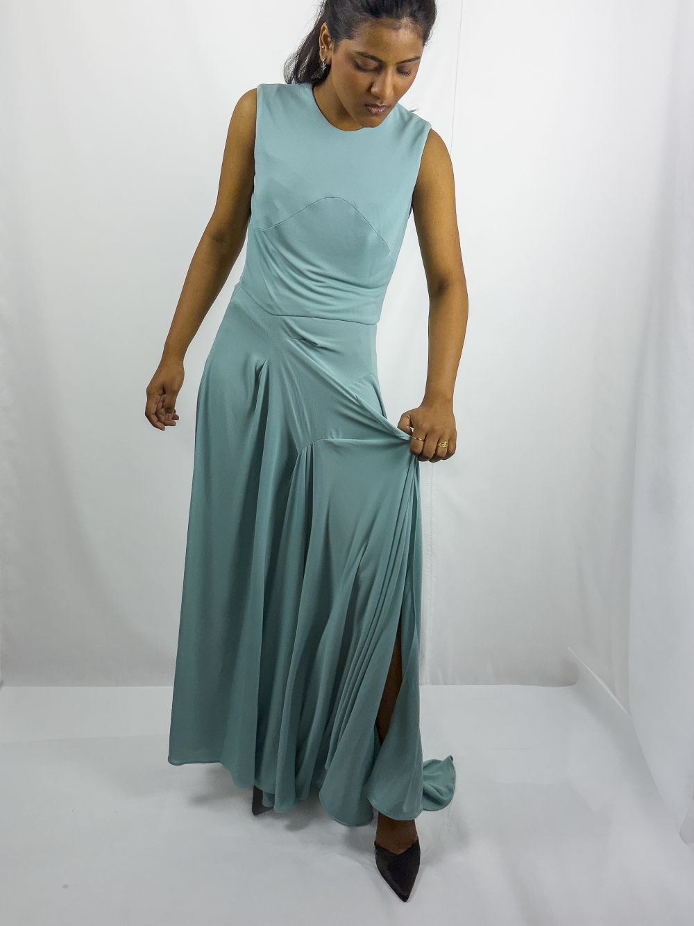 Model wearing pale blue Popo dress made by Nelson Choga