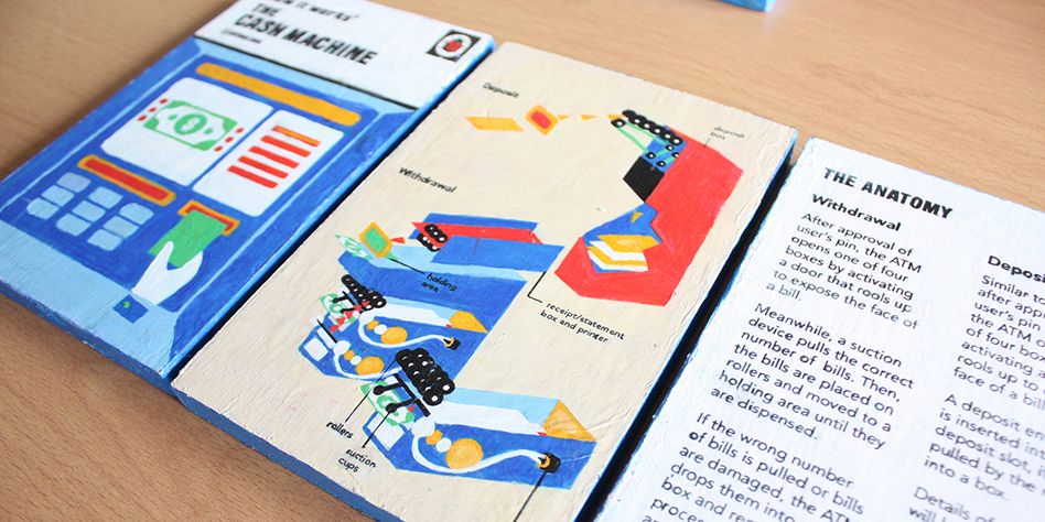 Mock-up designs made by a student in the style of vintage Ladybird Illustration. The image shows a colourful diagram of a cash machine.