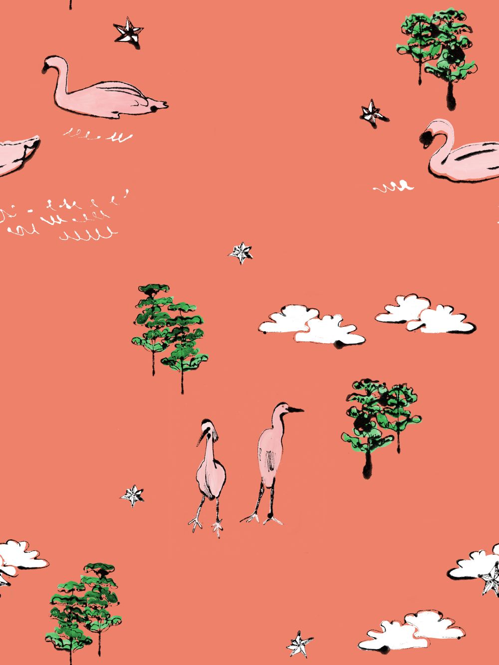 A wallpaper design featuring trees, clouds and birds by the brand Nottene