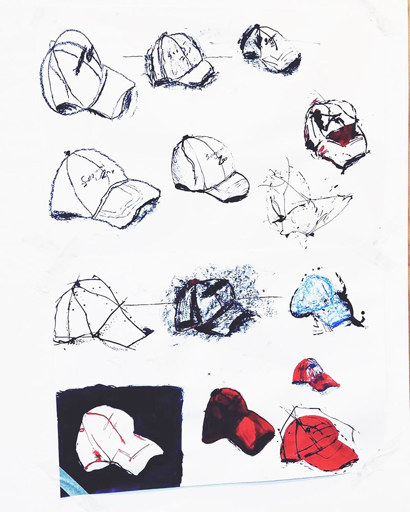 Illustrations of a baseball cap in different drawing styles attempted.