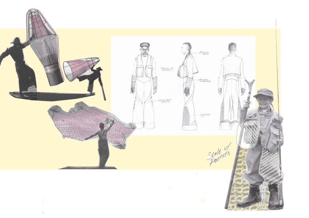 Sketchbook details of fly fishing clothes and actions