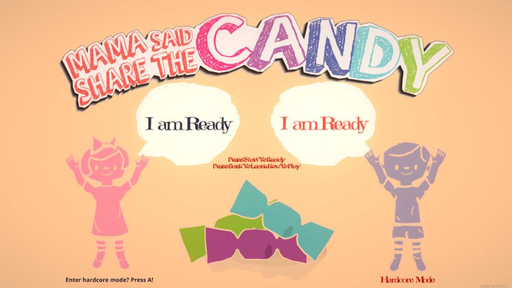 Animation of two children with their arms in the air, with speech bubbles saying 'I am ready'. The text at the top of the screen reads, 'Mama said share the candy'.