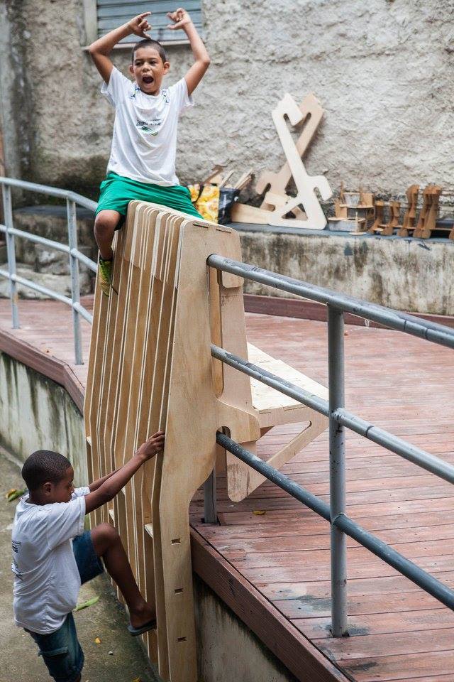 Children playing on wooden structures 