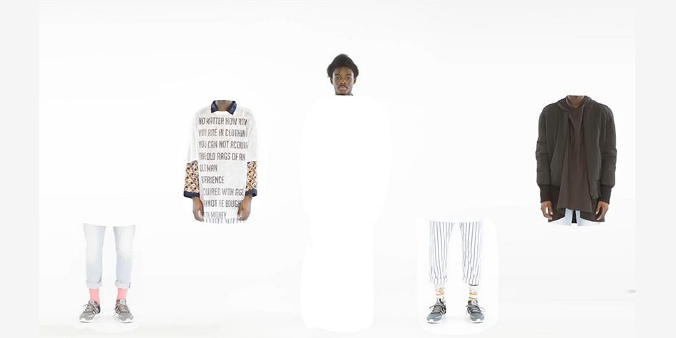 image of white background with man with afro dressed in different clothes cut into sections
