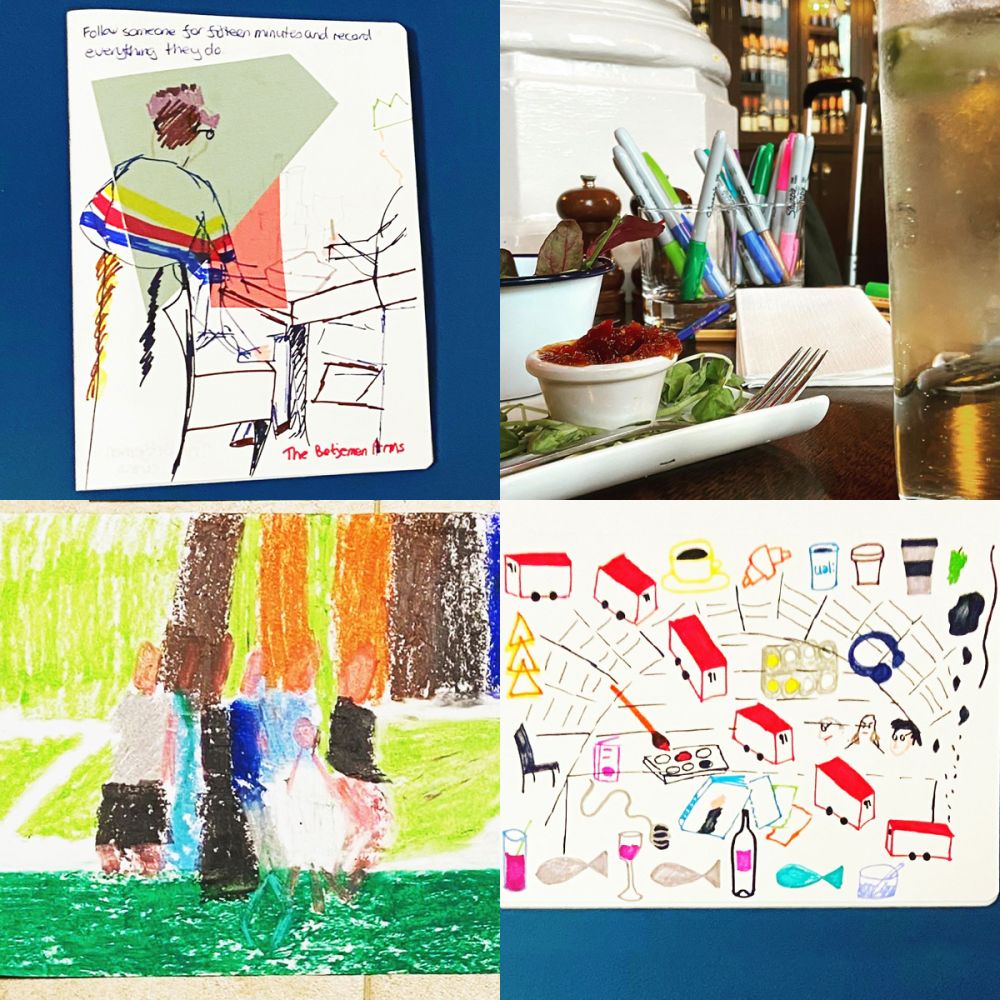 4 pictures showing varies examples of Erika Cule's 100 Drawing Projects work.