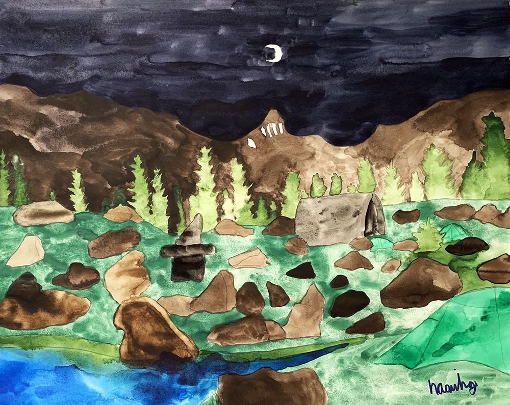 Watercolour painting of a moonlit landscape.