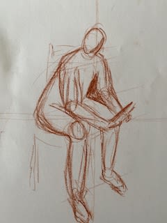 A pencil sketch of a human figure sitting down