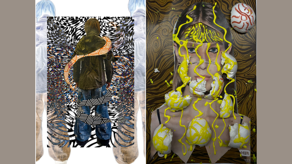 A collage of graphic patterns intertwine with cutout images of two people. One image is layered with splattered yellow paint and broken polystyrene