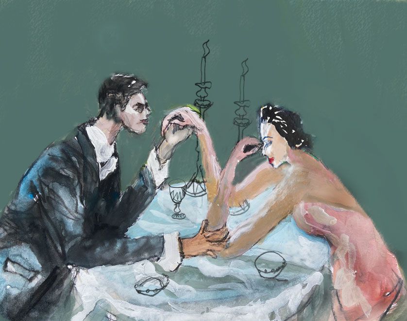 Drawing of a couple having dinner 