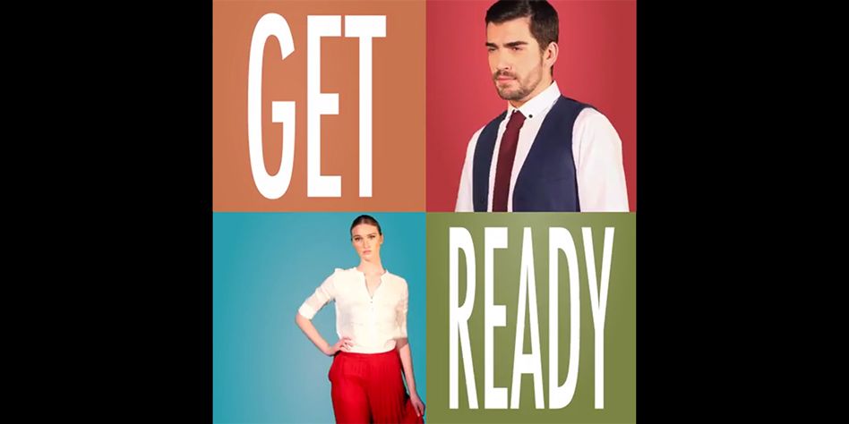 Image of square grid. Top right and bottom left read 'Get Ready'. Top right is an image of a man with slicked brown hair and bead wearing white shirt with red tie and blue waistcoat. Bottom left is of woman with hair tied back with white shirt and red trousers.